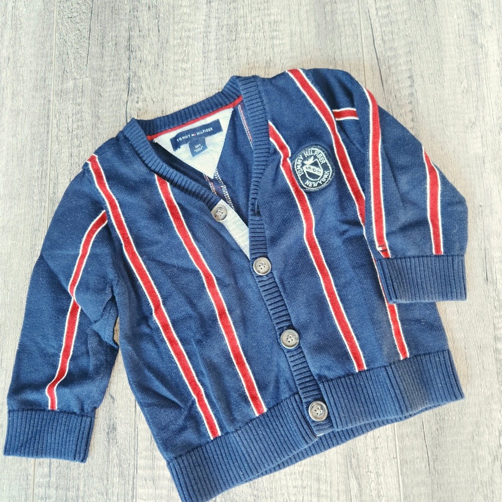 Tommy Hilfiger Boys Navy Blue Red Striped V-Neck Button Cardigan Sweater 18M